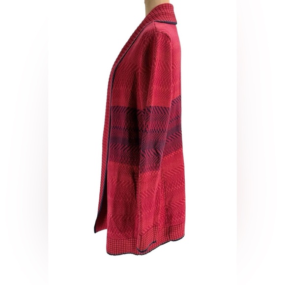 CAbi Joy Open Front Sweater Knit Cardigan Red W/ Navy Blue Accent - Picture 6 of 9
